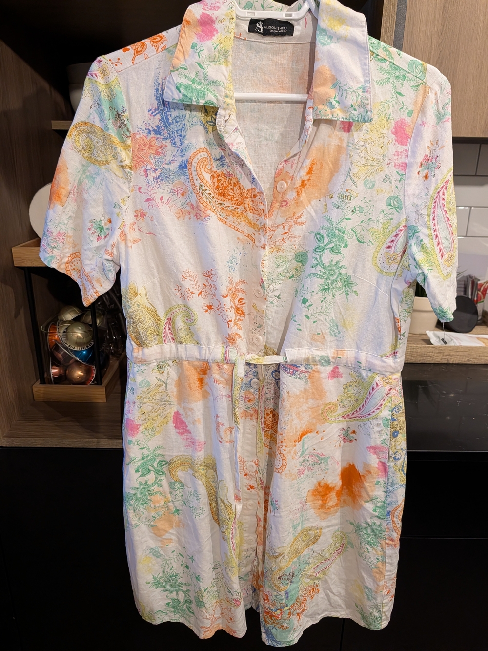 White Paisley Tie-Waist Shirt Dress with Multicolor Accents